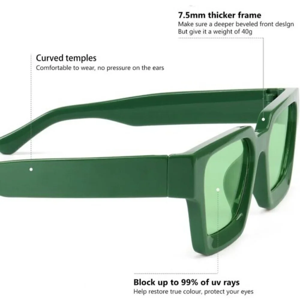 ⚡Men Green Fashion Thick Trendy Square Shades Rectangle Designer SunGlasses